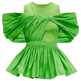 Alexander Mcqueen-Alexander McQueen green cotton pleated peplum faille cold shoulder top-Green