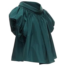 Alexander Mcqueen-Alexander McQueen dark green puff sleeve bateau high collar flare top-Green