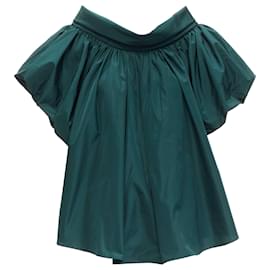 Alexander Mcqueen-Alexander McQueen dark green puff sleeve bateau high collar flare top-Green