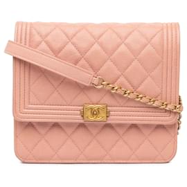 Chanel-Chanel Pink Quilted Caviar Square Boy Wallet On Chain-Pink