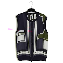 Hermès-Hermes 2005 Top Les Coupes FR38 Navy Pink Silk Crepe Top Vest UK10 US8 Hermès-Navy blue