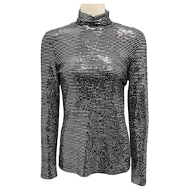 Prabal Gurung-Prabal Gurung Black / Silver Mirrored Long Sleeved Turtleneck Top-Silvery