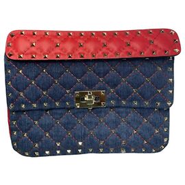 Valentino Garavani Borsa Rockstud spike in denim e pelle rossa Rosso Blu scuro