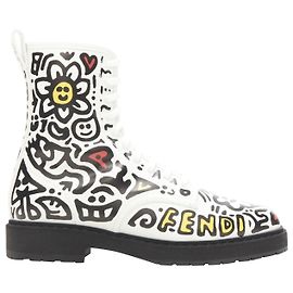 Rare Fendi Mr Doodle White Logo Graffiti Print Laced Combat Ankle Boot Eu36 White