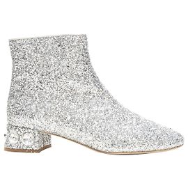 Miu Miu Silver Glitter Large Rhinestone Crystal Heel Ankle Boots Eu37.5 Silvery Metallic