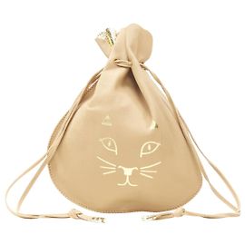 Sac à cordon en cuir tan avec imprimé chat doré Charlotte Olympia Precious Pouch Marron