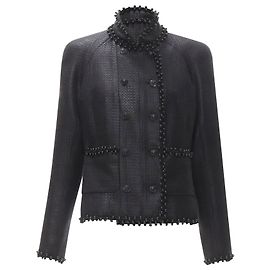 Chanel Lattice Lacquered Tweed Bead Embellished Lion Cc Button Jacket Fr42 L Black