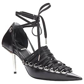 Balenciaga-Balenciaga Corset Black Leather Silver Buckles Laced Pump Eu36-Black