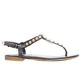 Balenciaga-Balenciaga Cagole Black Leather Gold Textured  Stud T-Strap Flat Sandals Eu38-Black
