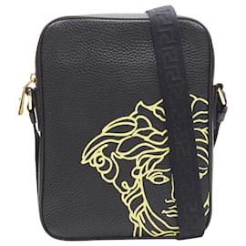 Versace-new VERSACE Pop Medusa black yellow calf Greca nylon strap crossbody bag-Black