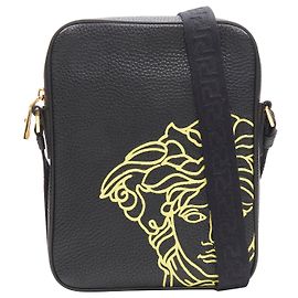 nuova borsa a tracolla VERSACE Pop Medusa nera gialla in pelle Greca con tracolla in nylon Nero