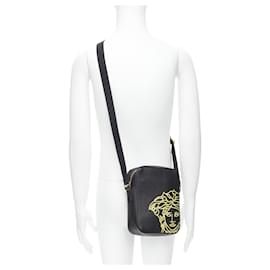 Versace-new VERSACE Pop Medusa black yellow calf Greca nylon strap crossbody bag-Black