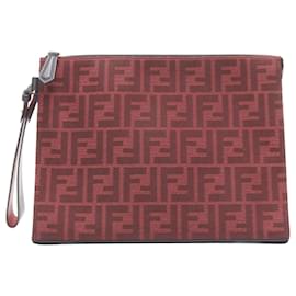 Fendi-Fendi Zucca Ff Monogram Red Canvas Black Leather Zip Clutch Bag-Red