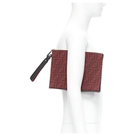 Fendi-Fendi Zucca Ff Monogram Red Canvas Black Leather Zip Clutch Bag-Red