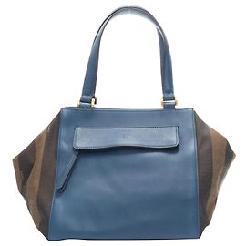 Fendi Navy Blue Leather Penguine Stripe Canvas Flared Side Tote Bag Blue