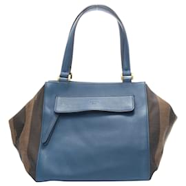 Fendi-Fendi Navy Blue Leather Penguine Stripe Canvas Flared Side Tote Bag-Blue