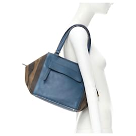 Fendi-Fendi Navy Blue Leather Penguine Stripe Canvas Flared Side Tote Bag-Blue