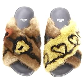 Fendi-FENDI Open Your Heart brown mink fur slides sandals-Brown