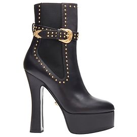 Versace Gold Studded Western Buckle Black Leather Platform Boots Eu40.5 Black