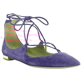 Aquazzura-Aquazzura Belgravia suede leather pointy lace up gold heel flats-Purple