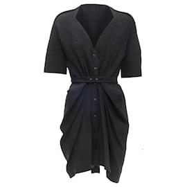 Balenciaga-Balenciaga plunge neckline button front gathered pleat short dress-Black
