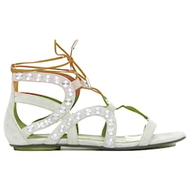 Aquazzura-Aquazzura beige leather silver disc studded gladiator sandals-Brown,Beige