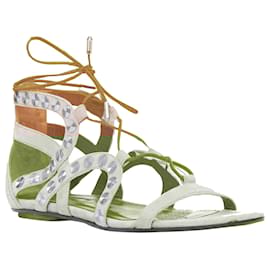 Aquazzura-Aquazzura beige leather silver disc studded gladiator sandals-Brown,Beige