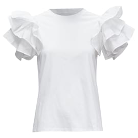 Alexander Mcqueen-Alexander McQueen white cotton ruffle sleeve crew neck tshirt-White