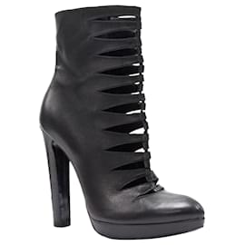 Alaïa Alaia black leather angular cut out front almond toe platform ankle boot  Black