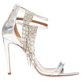 Aquazzura-Aquazzura dangling crystal chandelier silver leather strappy heel sandals-Silvery,Metallic