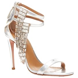 Aquazzura-Aquazzura dangling crystal chandelier silver leather strappy heel sandals-Silvery,Metallic