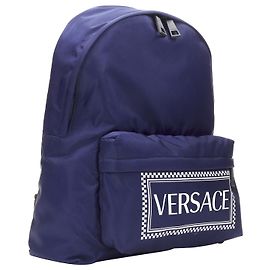 new VERSACE 90's Box Logo navy blue nylon Greca strap backpack Blue Navy blue