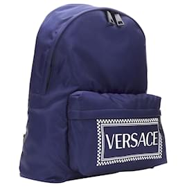 Versace-new VERSACE 90's Box Logo navy blue nylon Greca strap backpack-Blue,Navy blue