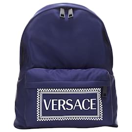Versace-new VERSACE 90's Box Logo navy blue nylon Greca strap backpack-Blue,Navy blue