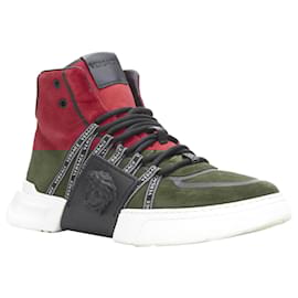 Versace-Versace Red Suede Medusa Emblem Nastro Logo Ribbon High Top Sneakers Eu40-Red