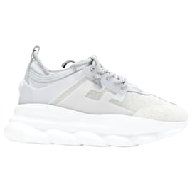 Versace-Versace Chain Reaction Reflective Silver Crystal Rhinestone Sneaker Eu40 Us7-Silvery,Metallic