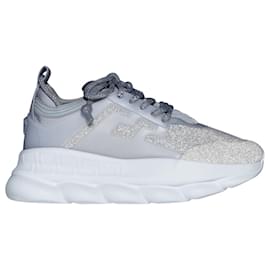 Versace-Versace Chain Reaction Reflective Silver Crystal Rhinestone Sneaker Eu38 Us5-Silvery,Metallic