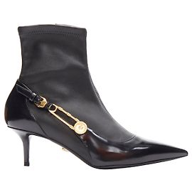VERSACE Medusa Punk Safety Pin black leather bootie  Black