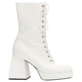 Autre Marque-Nodaleto Bulla Candy White Leather Chunky Heels Lace Up Boots Eu38-White