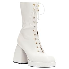 Autre Marque-Nodaleto Bulla Candy White Leather Chunky Heels Lace Up Boots Eu38-White