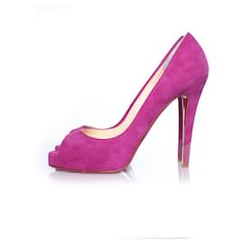 Christian Louboutin-Pink suede peep toe platform pump-Pink