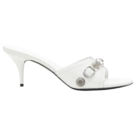 Balenciaga-Balenciaga 2022 Cagole White Leather Silver Studded Mule Heel Eu39 Us9-White