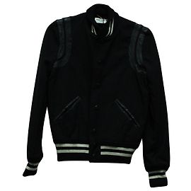 Saint Laurent Teddy Leather Trimmed Bomber Jacket in Black Wool Black