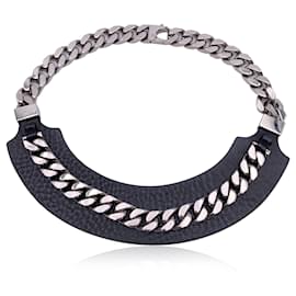 Fendi-Black Leather Collar and Silver Metal Cuban Chain Necklace-Silvery