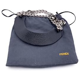 Fendi-Black Leather Collar and Silver Metal Cuban Chain Necklace-Silvery