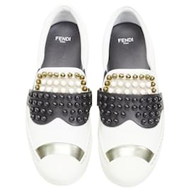 Fendi-Fendi Karl Loves Studded Karlito White Leather Skate Sneakers Eu36.5-White