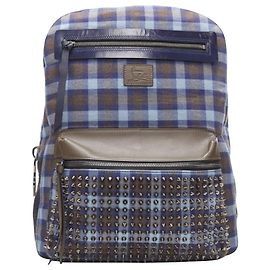Christian Louboutin Backloubi Blue Brown Gingham Check Spike Stud Backpack Bag Blue