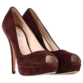 Prada-Prada Peep-Toe Platform Pumps in Brown Suede-Brown