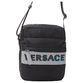 Versace-new VERSACE reflective logo black nylon Greca strap crossbody messenger bag-Black
