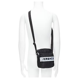 Versace-new VERSACE reflective logo black nylon Greca strap crossbody messenger bag-Black